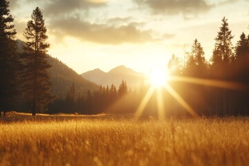 majestic sunrise over a golden meadow framed by towering mountains and evergreen trees in a tranquil
