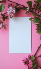 Aufkleber - Blank paper surrounded by pink flowers on bright pink background ready for creative designs or writing. Generative AI