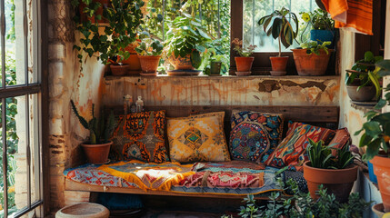 Wall Mural - A cozy corner with a rustic wooden bench, layered with vintage cushions, a handmade quilt, and surrounded by potted plants in clay pots.