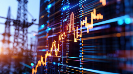 Fototapete - close up view of digital screen displaying energy stock market trends, showcasing vibrant graphs and data against industrial backdrop
