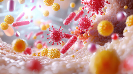 Poster - vibrant 3D illustration of nanotechnology showcasing microscopic particles, viruses, and bacteria interacting in dynamic environment. scene highlights complexity of cellular structures