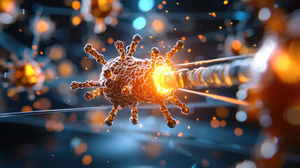 Fototapete - conceptual 3D scene depicting nanotechnology manipulating particles, showcasing intricate details and vibrant colors. image evokes sense of innovation and scientific advancement
