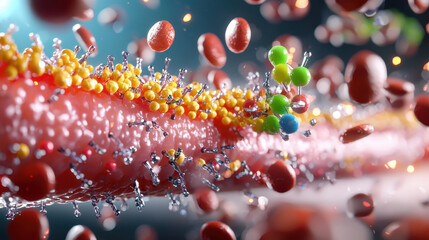 Aufkleber - vibrant 3D illustration of nanotechnology manipulating particles within blood vessel, showcasing colorful molecules and cells interacting dynamically