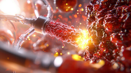 Poster - detailed illustration of nanotechnology in medicine, showcasing futuristic device injecting nanobots into biological environment. vibrant colors and intricate design highlight advanced technology