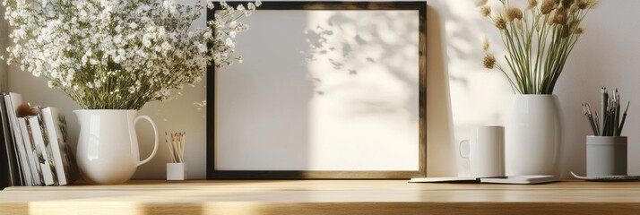 Leinwandbilder - Bright workspace with fresh flowers and empty frame for customization. Generative AI