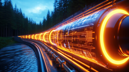 Aufkleber - futuristic hydroelectric plant with glowing elements, surrounded by trees and water, showcasing advanced technology and energy generation