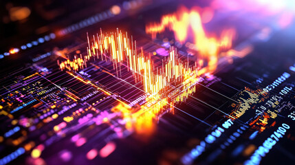 Fototapete - Dynamic bar graph representing market trends with vibrant colors and fluctuating lines, showcasing financial data analysis and digital visualization