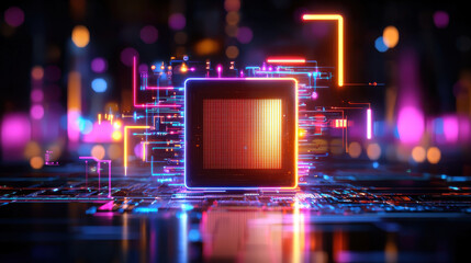 Leinwandbilder - vibrant conceptual tech hub featuring central processor chip surrounded by colorful circuits and glowing lights, symbolizing advanced technology and innovation