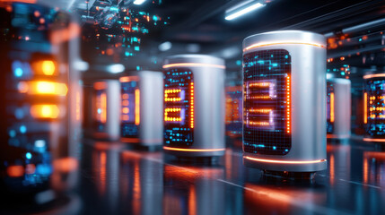 Fototapete - futuristic tech hub filled with solid state gadgets and glowing displays, showcasing advanced technology in sleek environment