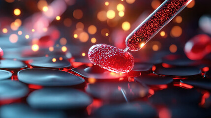 Poster - conceptual visualization of nanotechnology in biotechnology, showcasing pipette transferring red substance onto surface, surrounded by glowing particles
