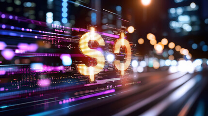 Fototapete - vibrant digital representation of financial strategy featuring glowing dollar signs, symbolizing economic growth and investment opportunities in modern cityscape