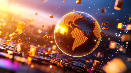 Wall Mural - creative visualization of global financial dynamics, featuring glowing globe surrounded by floating golden cubes, symbolizing economic growth and digital transformation