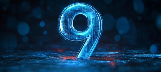 Vibrant Futuristic Digital Number 9 Emerging from a Cyber Surface with Abstract Bokeh.