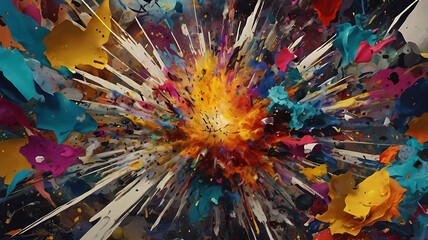 Wall Mural - Artistic chaos collage with an explosion of colors, shapes, and textures, 4K hyperrealistic photo
