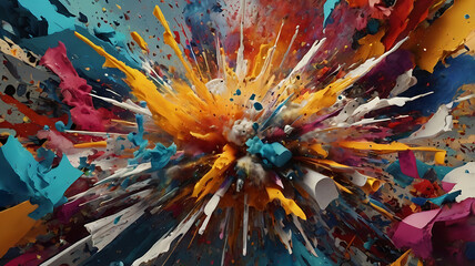 Wall Mural - Artistic chaos collage with an explosion of colors, shapes, and textures, 4K hyperrealistic photo
