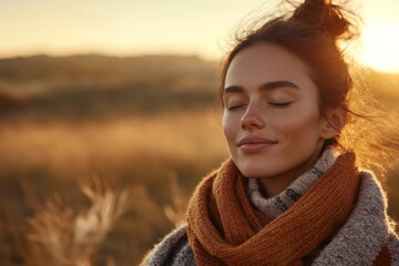 Wall Mural - Woman enjoying a peaceful moment at sunset in a field while wearing a warm scarf