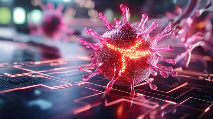 Poster - detailed depiction of nanotechnology interacting with virus, showcasing vibrant colors and intricate designs. This highlights fusion of science and technology in captivating manner