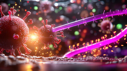 Poster - detailed depiction of nanotechnology interacting with viruses, showcasing vibrant colors and intricate structures. This highlights complexity of microscopic interactions