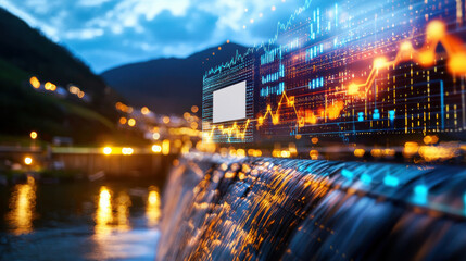 Poster - stunning night time view of hydroelectric dam with flowing water, illuminated by city lights and overlaid with digital data graphics, showcasing energy and technology