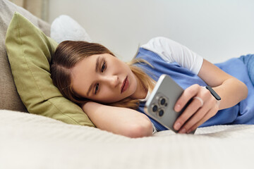 Wall Mural - A teenage girl relaxes on her bed, absorbed in her smartphone while enjoying her space.