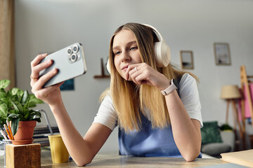 Wall Mural - A teenage girl relaxes in her cozy room, engaging with her smartphone while wearing headphones.