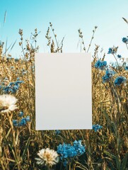 Poster - Bright summer field with blank paper for text placement and vibrant flowers in the background. Generative AI