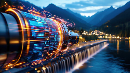 Poster - digital themed hydroelectric plant scene at night, showcasing vibrant lights and advanced technology. landscape features mountains and flowing water, creating serene atmosphere