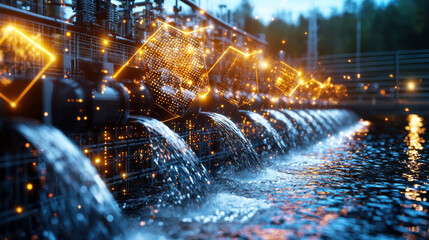 Poster - digital themed hydroelectric plant scene at night, showcasing illuminated water flows and modern technology. vibrant lights reflect on water surface, creating captivating atmosphere
