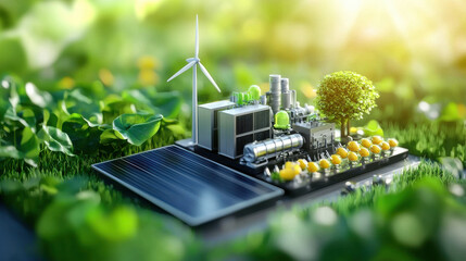 Poster - miniature renewable energy farm featuring wind turbines, solar panels, and green technology surrounded by lush greenery. This scene represents sustainable energy solutions