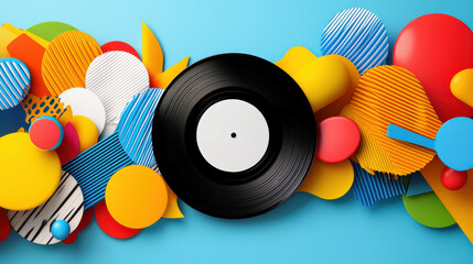 Fototapete - vibrant pop art illustration featuring vinyl record surrounded by colorful geometric shapes and patterns, creating lively and dynamic composition