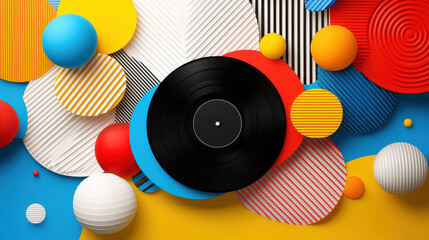 Poster - vibrant pop art illustration featuring vinyl record surrounded by colorful geometric shapes in various textures and patterns, creating lively and dynamic composition