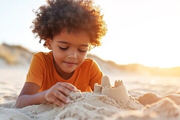 Sticker - Child builds a sandcastle on the beach during sunset while enjoying a summer day by the ocean