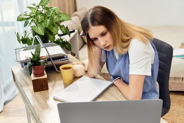 Wall Mural - A focused teenage girl engages in her studies at home, surrounded by a stylish atmosphere.