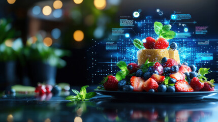 Aufkleber - digital food scanner analyzing vibrant dessert with berries and mint. futuristic technology enhances visual appeal, showcasing blend of nature and innovation