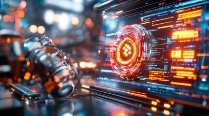 Aufkleber - futuristic biotechnology laboratory featuring advanced AI tools and glowing interfaces. scene showcases intricate technology and vibrant colors, creating immersive atmosphere