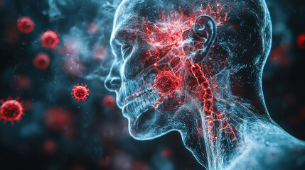 Poster - Anatomical X ray view of human head showing respiratory pathways and viruses. This digital illustration highlights intricate details of human anatomy and its interaction with pathogens