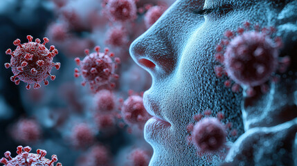 Poster - Close up of human face with digital representation of viruses, illustrating concept of viral entry and infection. image evokes sense of vulnerability and awareness