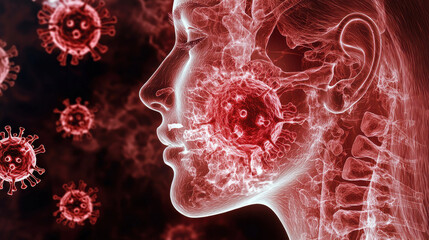 Fototapete - image illustrates detailed X ray representation of viral entry into human cells, showcasing interaction between virus and human body