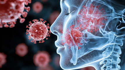 Poster - Clear visual representation of viral attack on respiratory system, showcasing interaction between virus and human anatomy, emphasizing health and disease awareness
