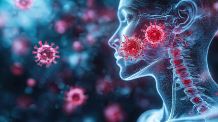 Poster - Clear visual representation of viral attack on human body, showcasing interaction between viruses and human cells, emphasizing impact of infections on health