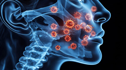 Poster - X ray style illustration showing human face with visible viruses, highlighting interaction between body and pathogens. This detailed image emphasizes health and biology