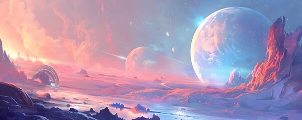 Wall Mural - A space scene with a blue planet and a red planet