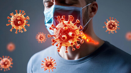 Poster - man wearing mask is surrounded by digital representations of viruses, illustrating impact of viral infections. This conveys sense of urgency and awareness about health