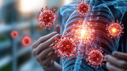 Fototapete - X ray style illustration showing mechanism of virus infection in lungs, highlighting interaction between viruses and human anatomy, creating striking visual impact