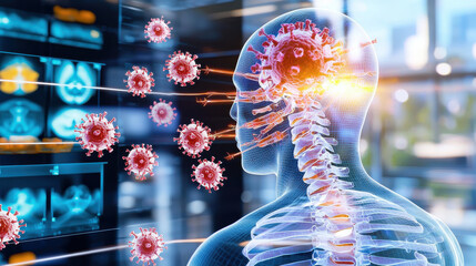 Fototapete - Human head X ray style image showing viral infection with red viruses attacking body. This illustration highlights impact of viruses on human health and anatomy