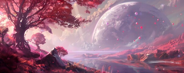 Wall Mural - a beautiful pink and purple landscape with a tree