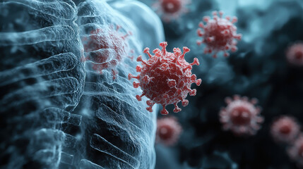 Aufkleber - Viral spread in respiratory system, depicting red viruses near lung tissue. This illustrates mechanism of infection and highlights importance of understanding respiratory diseases