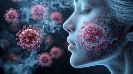 Poster - Close up of woman face with virus particles, illustrating viral spread in respiratory system. image conveys sense of vulnerability and impact of viruses on health