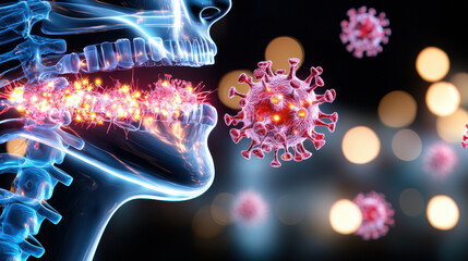 Fototapete - image illustrates mechanism of viral spread in respiratory system, showcasing human skull with virus. visual emphasizes interaction between body and pathogens, highlighting health concerns