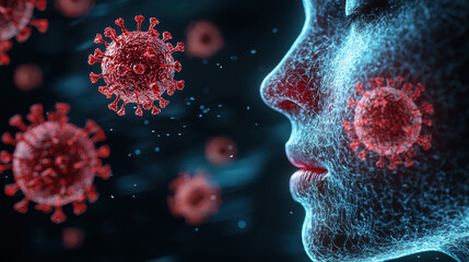 Poster - Medical illustration showing how viruses enter respiratory system, highlighting interaction between virus and human cells, emphasizing health and safety